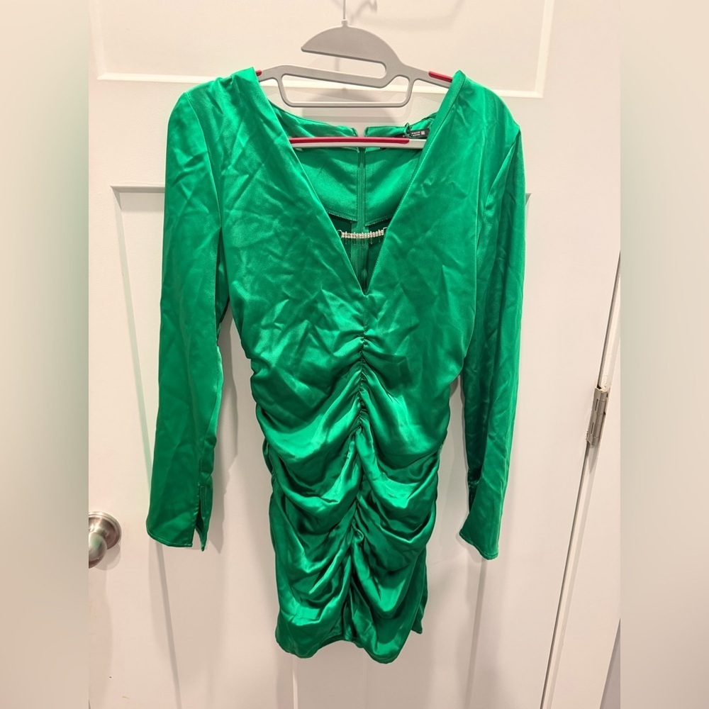ZARA Emerald Green Ruched Mini Dress Women’s M Long Sleeve NWT $49
